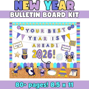 Puede incluir: Un colorido kit de tablón de anuncios de Año Nuevo con el texto "NEW YEAR BULLETIN BOARD KIT". El diseño incluye el texto "YOUR BEST YEAR IS AHEAD! 2026!" y varios elementos decorativos. El kit mide 21.59 x 27.94 cm y tiene más de 80 páginas.