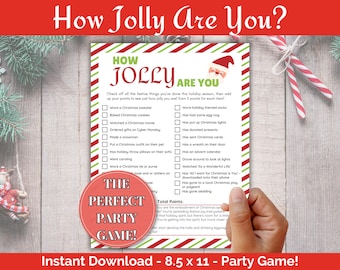 May include: A festive Christmas party game with a checklist of holiday activities. The game features a red and green border, a Santa hat graphic, and the text "How Jolly Are You?" and "The Perfect Party Game!"