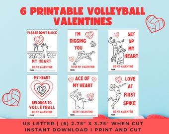 May include: Six printable Valentine's Day cards featuring volleyball-themed illustrations and puns. The cards are designed to be cut out and given to someone special. Each card is 2.75 inches by 3.75 inches.