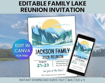 Editable Family Reunion Invitation Template, Family Lake Reunion Invitation, Custom Lake Reunion Invite, Summer Lake Reunion Invitation