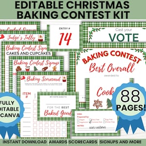May include: A Christmas baking contest kit with editable templates. Includes scorecards, signup sheets, and awards. The kit features a green and white plaid design with red and white text. The kit has 88 pages.
