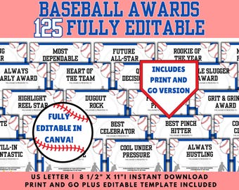 Editable Baseball Awards, Funny Baseball Awards, End of season Award Certificates, Baseball team awards, Baseball banquet awards, team party