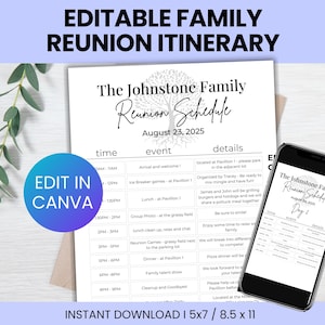 Plantilla editable de itinerario para reunión familiar, agenda de reunión familiar, itinerario personalizado, plantilla de reunión, plantilla de programa de reunión