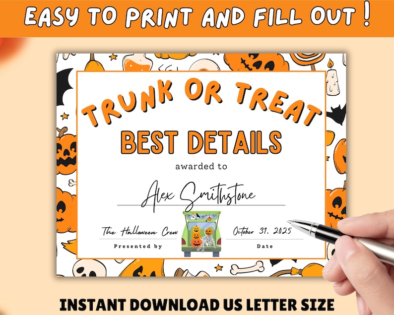 halloween awards for trunk or treat, printable trunk or treat award, halloween party, kids halloween ideas