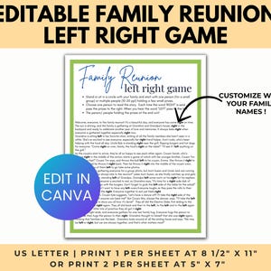 Editable Family Reunion Left Right Game Template, family reunion games, printable reunion game, ice breaker games, Reunion pass the prize