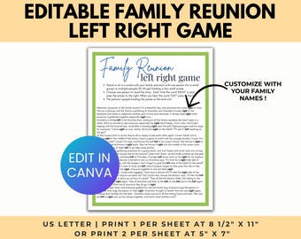 Editable Family Reunion Left Right Game Template, family reunion games, printable reunion game, ice breaker games, Reunion pass the prize