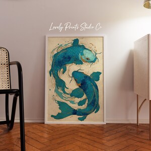 Indigo Koi Fish Art Print | Japanese Zen Pond Poster | Teal Animal Wall Decor