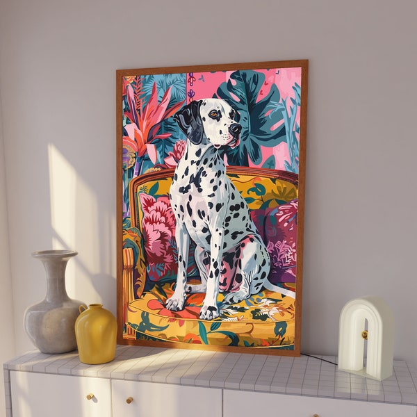 Abstract Floral Dog Painting, Maximalist Wall Art, Colorful Dog Poster, Preppy Dorm Decor, Cute Apartment Decor, Dog Lover, Digital Poster