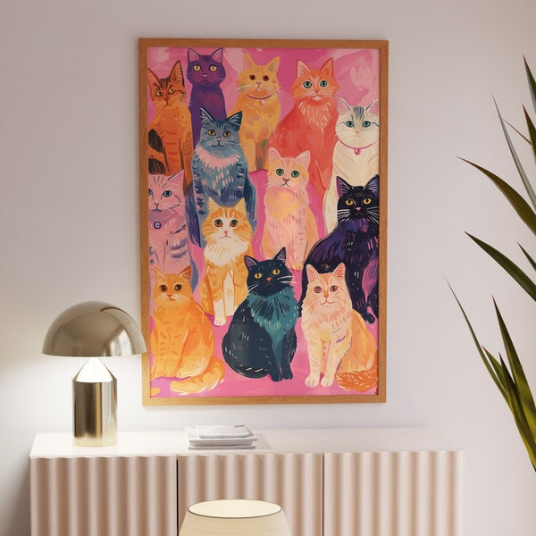 Cat Poster, Preppy Room Decor, Maximalist Wall Art, Pink Kitsch Aesthetic, Dopamine Decor, Printable Wall Art, Trendy Cute Apartment Decor