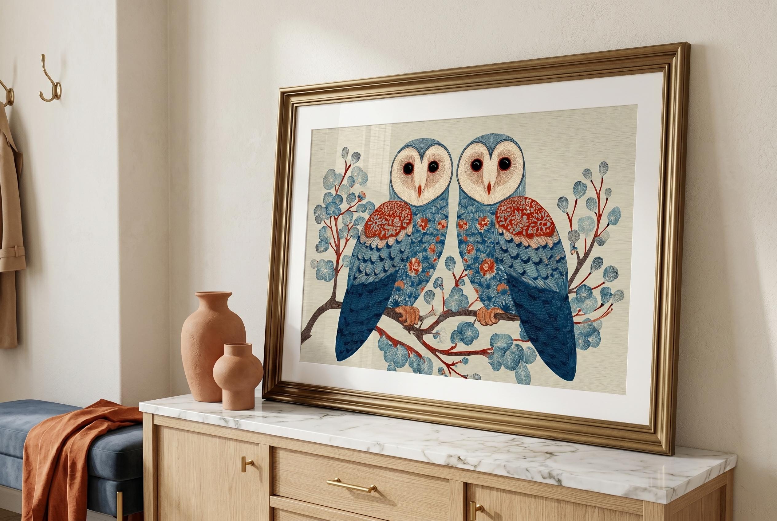 Japanese Style Barn Owl Art Print, Vintage Woodblock Owl Poster, Folk Art Nature Wall Decor