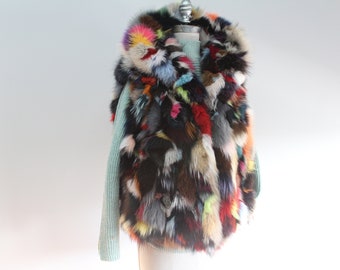 New Multi Color Fox Fur Sections Vest, Size Extra Large XL