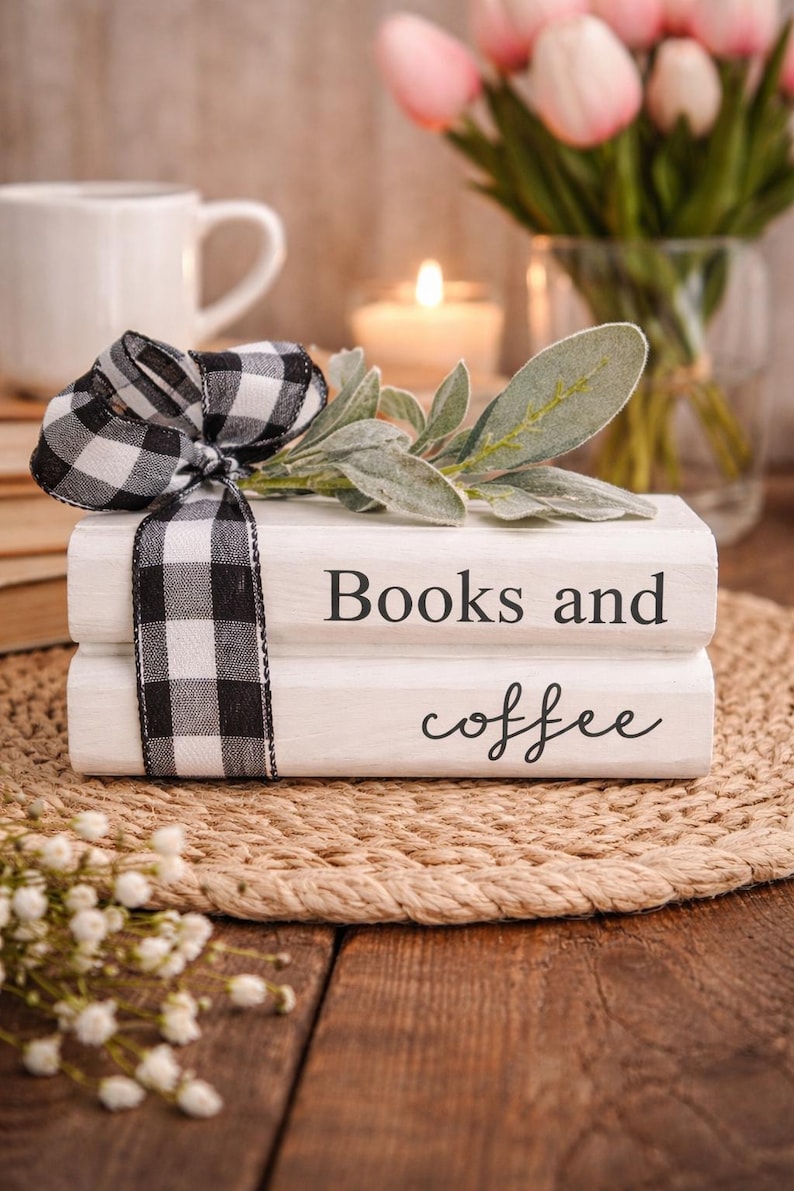 Farmhouse Book Stack Decor | “books and Coffee” | Rustic Wood Book ...