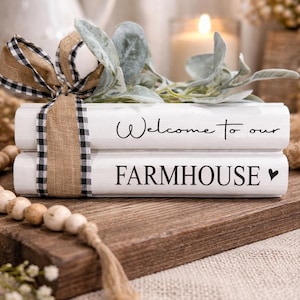 Farmhouse Book Stack Decor | “Welcome to our farmhouse” | Rustic Wood Book Stack | Wedding Gift | Shelf Decor | Tiered Tray Decor