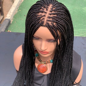 Peruka z warkoczykami bez węzłów, ręcznie robiona, z koronkowym zapięciem: czarne warkoczyki pudełkowe, 22 cale