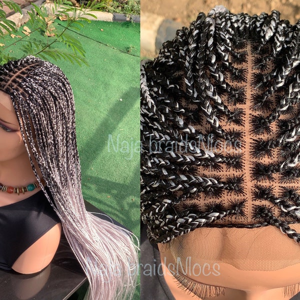 Ready To Ship Gray Braided for Black Women | long Wig| 38” Ombré Braids Wig| Salt And Pepper Braids Wig For Black Women| Lace closure Wig