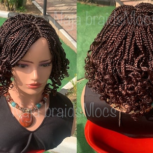 Brown Braids With Curls For Black women, Bob wig, Short Wig, Curly wig with Bangs, Box braids, Glueless wig, natural looking Braided Wig