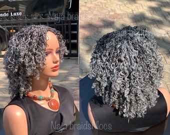 Grey braided Wig With Curls For Black women, Bob wig, Short Wig,Salt and Pepper wig, Box braid, Full lace, Glueless wig, Free shipping wig