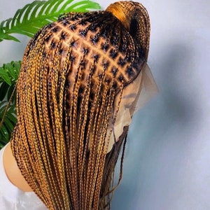 Puede incluir: Una peluca trenzada con encaje frontal. Las trenzas son una mezcla de rubio y marrón oscuro, creando un efecto de dos tonos. Las trenzas están cuidadosamente dispuestas y peinadas, con una parte recogida en una cola de caballo.