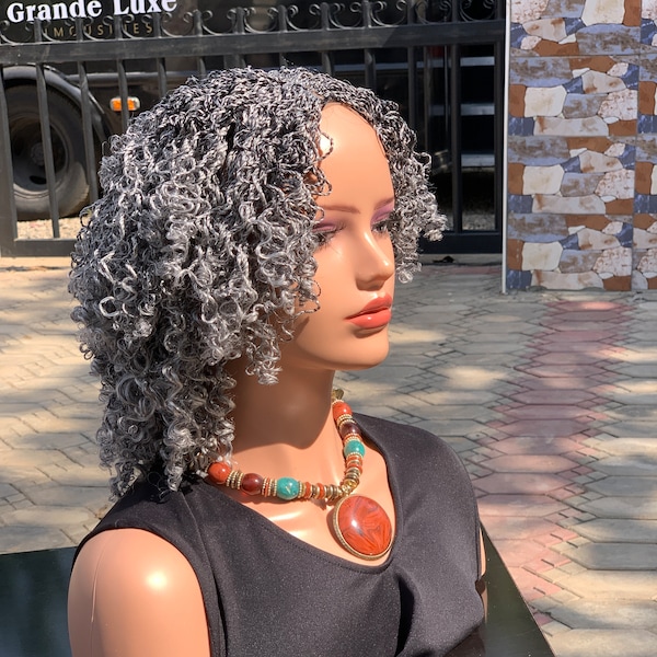 Grey Braided Bob Wig: Curly Ends, Salt and Pepper, Glueless