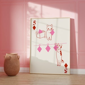 CAT CARD 5 of Diamonds Pink and Red, Digital Download Print, Wall Decor, Large Printable Art, Downloadable Prints