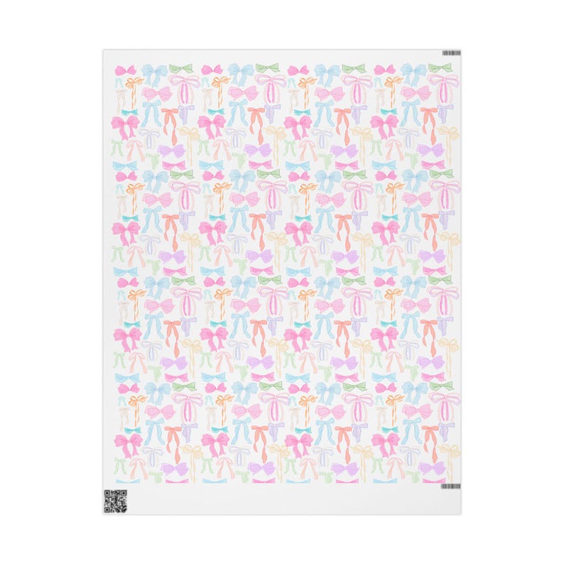 May include: A white background with a repeating pattern of colorful bows. The bows are in various shades of pink, blue, yellow, and green.