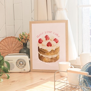 Coquette Kuchen mit Zitat, Vintage Aquarellkunst, ästhetische Wandkunst, trendige Wandkunst, Schleifenwandkunst, Girly Poster, trendiger Druck, Kuppeldekor