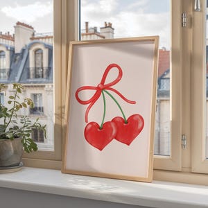 Coquette Cherry Bow Print, Watercolor Vintage Art, Aesthetic Wall Art, Trendy Wall Art, Bow Wall Art, Trendy Print, Dome Decor, Cherry Art