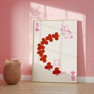 CAT PLAYING CARD 8 of Diamonds Red and Pink, Digital Download Print, Wall Decor, Large Printable Art, Downloadable Prints