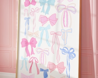COTTON CANDY BOWS | Trendy Watercolor Bows Wall Art | Chinoiserie Art | Grand Millennial Wall Art | Digital Download | Preppy Wall Art