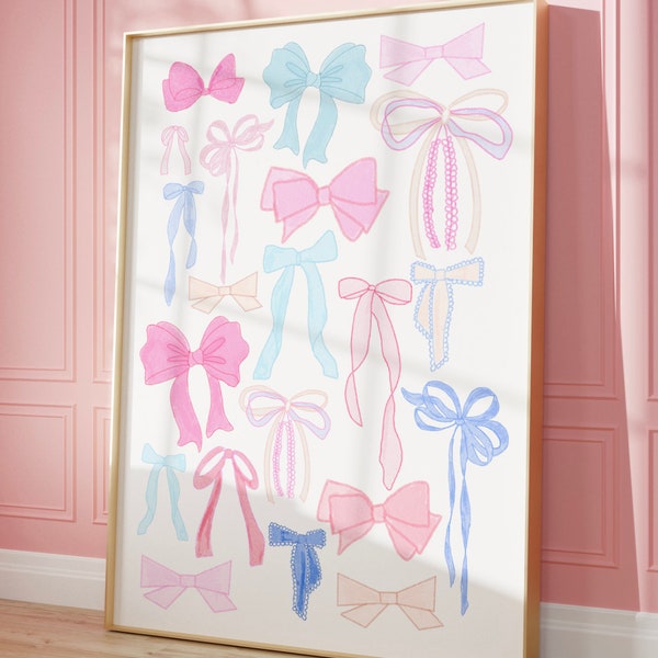 COTTON CANDY BOWS | Trendy Watercolor Bows Wall Art | Chinoiserie Art | Grand Millennial Wall Art | Digital Download | Preppy Wall Art