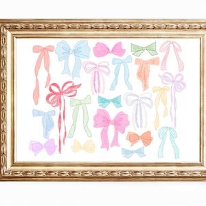 Horizontal Trendy Watercolor Bows Wall Art | Chinoiserie Art | Coastal Wall Art | Grand Millenial Wall Art | Digital Download | Preppy Art