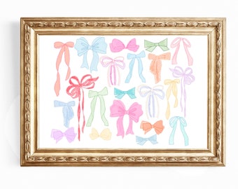 Horizontal Trendy Watercolor Bows Wall Art | Chinoiserie Art | Coastal Wall Art | Grand Millenial Wall Art | Digital Download | Preppy Art