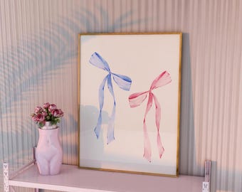 Laço rosa e azul coquete, arte em aquarela vintage, arte de parede estética, arte de parede moderna, arte de parede com laço, pôster feminino com estampa moderna, decoração de cúpula