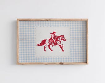 impression d'art vintage style broderie cow-girl | Décoration occidentale | impression vintage de rodéo vichy | Décoration moderne du milieu du siècle | Imprimé cheval rétro