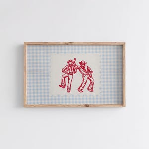 Vintage Dancing Cowboys Embroidery Style Art Print | Western Art | Vintage Gingham Rodeo Print | Mid Century Modern Decor | Cowgirl Print