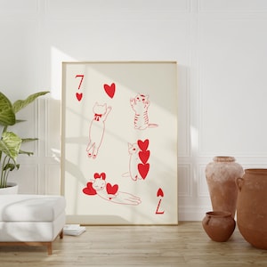 RED & CREAM Cat Playing Card Print, Digital Download Print, Wall Decor, Large Printable Art, Downloaded Prints