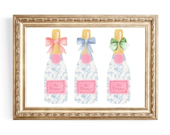 Champagne Bottles With Bows | Chinoiserie Blue Bottle | Watercolor Painting | Grandmillenial Style | Bar Cart Art | Digital Download