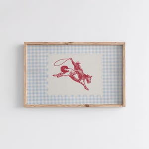 Vintage Cowboy Embroidery Style Art Print | Western Decor | Vintage Gingham Rodeo Print | Mid Century Modern Decor | Retro Horse Print