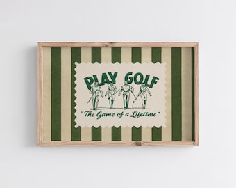 Sztuka ścienna z motywem golfa w stylu vintage | Plakat w zielone paski | Haftowany nadruk z motywem golfa w stylu retro | Pomysł na prezent dla golfisty | Nadruk dla miłośnika golfa | Sztuka retro z motywem golfa |