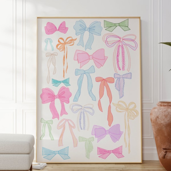 Modna dekoracja ścienna z akwarelowymi kokardkami | Sztuka chinoiserie | Sztuka ścienna w stylu nadmorskim | Sztuka ścienna w stylu milenijnym | Pobieranie cyfrowe | Sztuka ścienna w stylu preppy