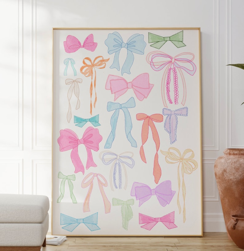 Trendy Watercolor Bows Wall Art | Chinoiserie Art | Coastal Wall Art | Grand Millenial Wall Art | Digital Download | Preppy Wall Art image 1