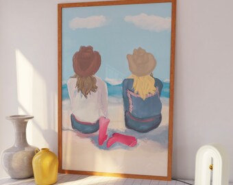 Impresión de arte preppy / Estética de vaquera costera / Pintura de niña femenina / Aire de pared del dormitorio / Arte de la pared occidental / Dos vaqueras