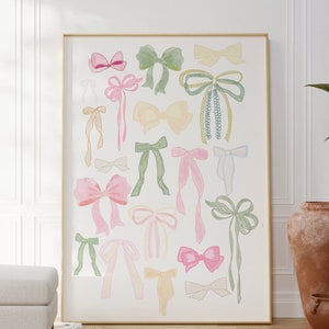 SPRING TIME BOWS | Trendy Watercolor Bows Wall Art | Chinoiserie Art | Grand Millennial Wall Art | Digital Download | Preppy Wall Art