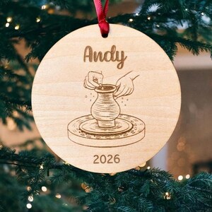 Personalized Pottery Wheel Ornament: Engraved Wood Christmas Decoration