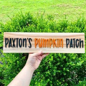 May include: A wooden sign with the text "PAXTON'S PUMPKIN PATCH" in black and orange letters. The sign is held in front of a backdrop of green foliage and grass.