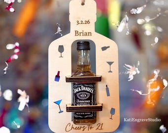 Personalized 21st Birthday Shooter Liquor Bottle Holder: Mini Alcohol holder, Milestone Gift, Keepsake Ornament.