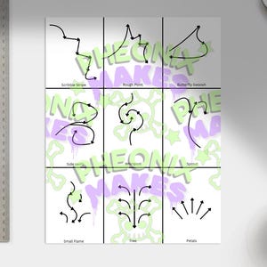 Puede incluir: Una hoja blanca con nueve dibujos lineales negros, cada uno en un cuadrado separado. Los dibujos incluyen formas como una raya garabateada, un punto áspero y un árbol. El texto "PHEONIX MAKES" está en verde y morado.