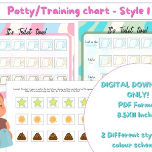 Könnte beinhalten: Töpfchentrainings-Diagramm mit dem Text "It's Toilet time!" und Illustrationen von Toilettenpapierrollen. Das Diagramm enthält Bereiche zur Fortschrittsverfolgung. Der digitale Download ist 21,59 cm x 27,94 cm.