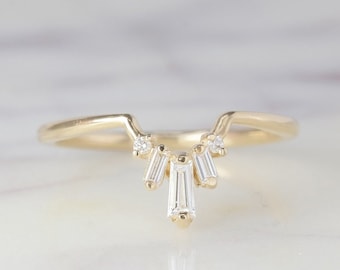 Baguette Cut Curved Wedding Band For Women, Curved Moissanite Band Matching Engagement Band 14k Gold Stacking Band Dainty Baguette Band