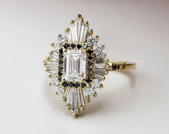 Vintage Emerald Cut Moissanite Ring: 14k Gold Art Deco Starburst